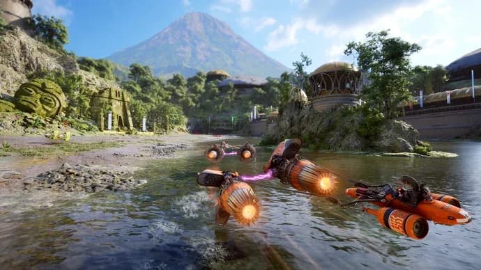 Star Wars: Galactic Racer gameplay screenshot showing a speeder bike racing across a desert canyon under twin suns