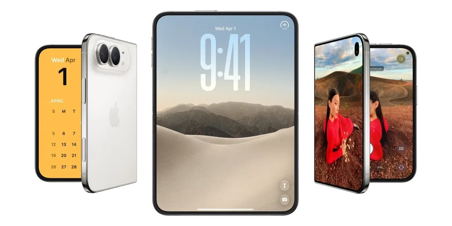 Apple's iPhone Duo foldable smartphone shown open and closed against a plain background.