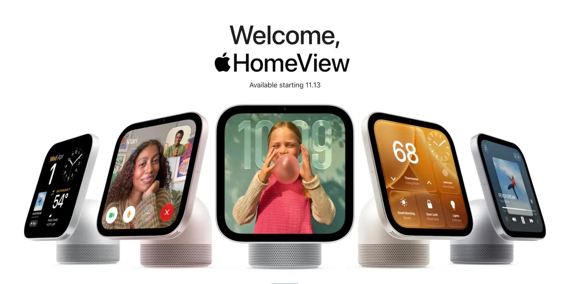 Apple HomeView smart display shown on a kitchen counter with its touchscreen active