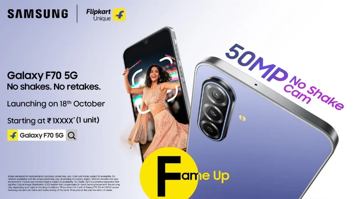Samsung Galaxy F70 5G showing its flat frame and vertical triple rear camera design