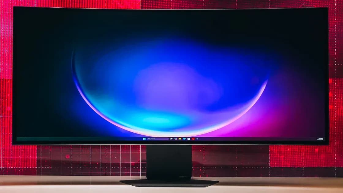 LG UltraGear evo GX9 curved gaming monitor shown from the front with its matte-black brutalist stand