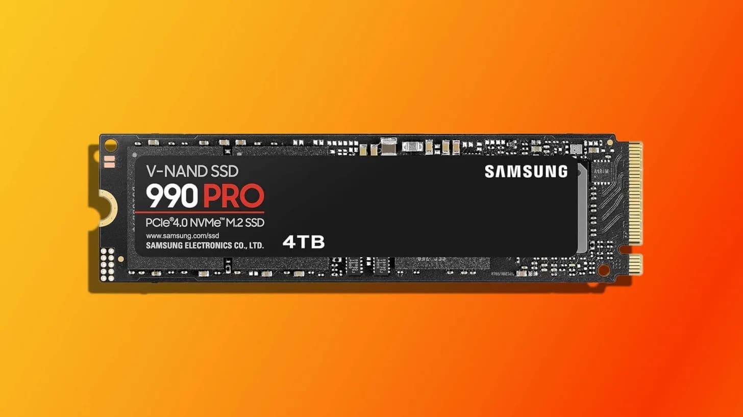 Samsung 990 Pro NVMe SSD on a plain background with its heatsink variant beside it