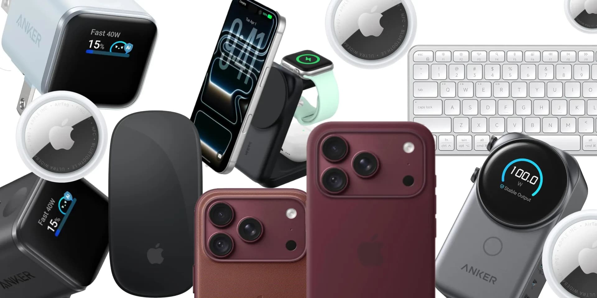 Assorted Apple accessories including charging cables, wireless earbuds, and an AirTag on a flat surface
