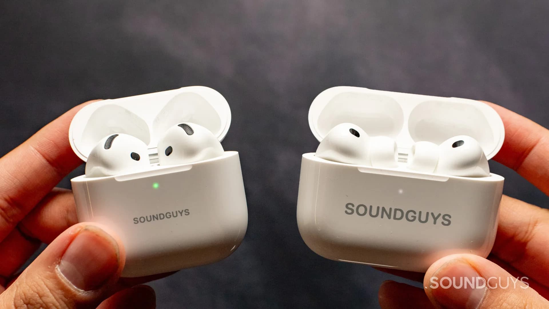 Apple AirPods Pro 3 earbuds and case shown next to the open-fit AirPods 5 earbuds and case