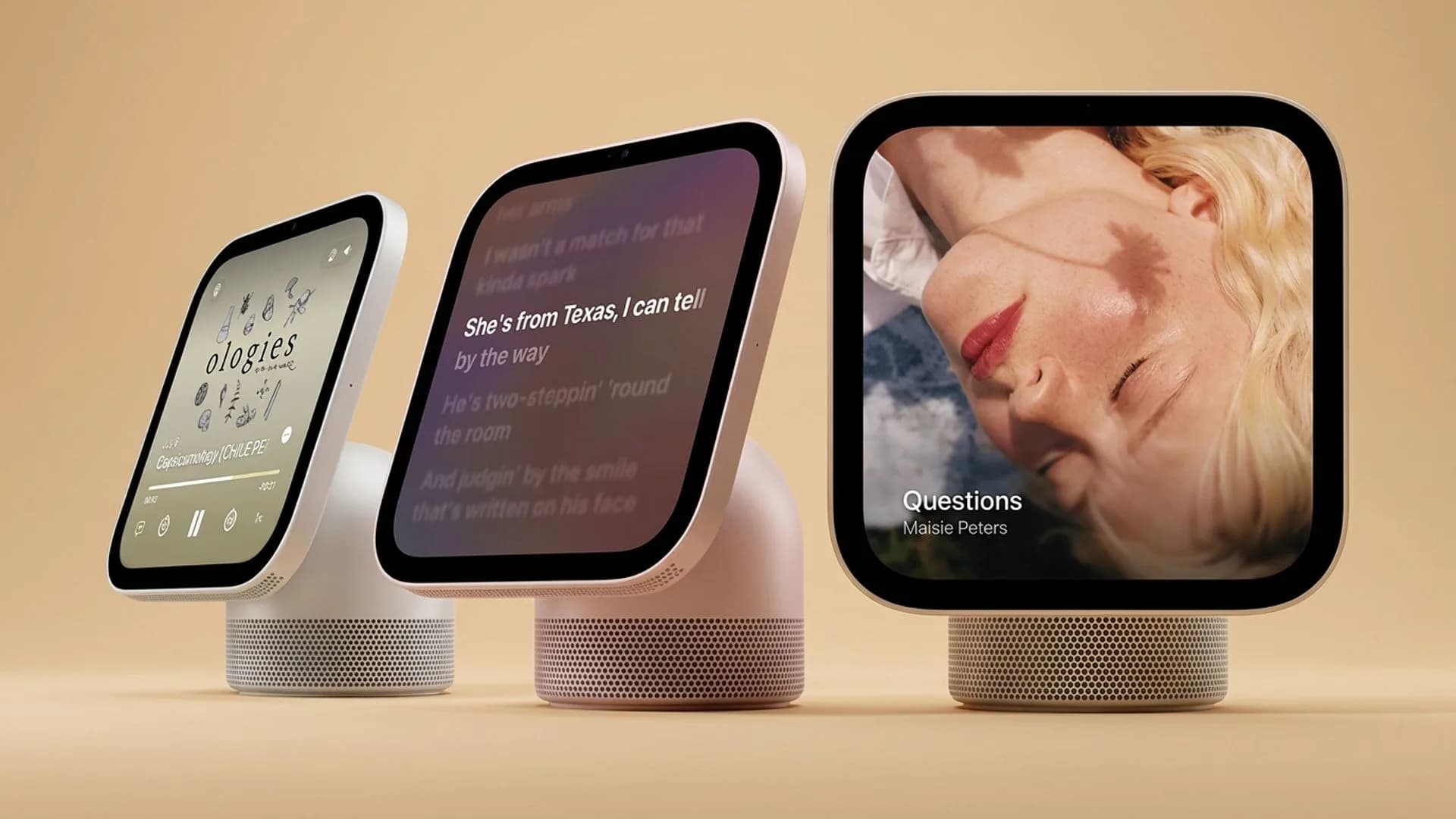 Apple HomeView smart home display with 7-inch screen shown in tabletop and wall-mounted versions
