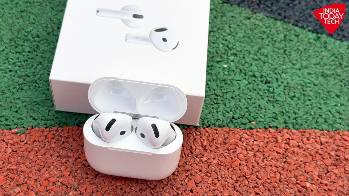 Apple AirPods 5 earbuds and charging case shown next to each other