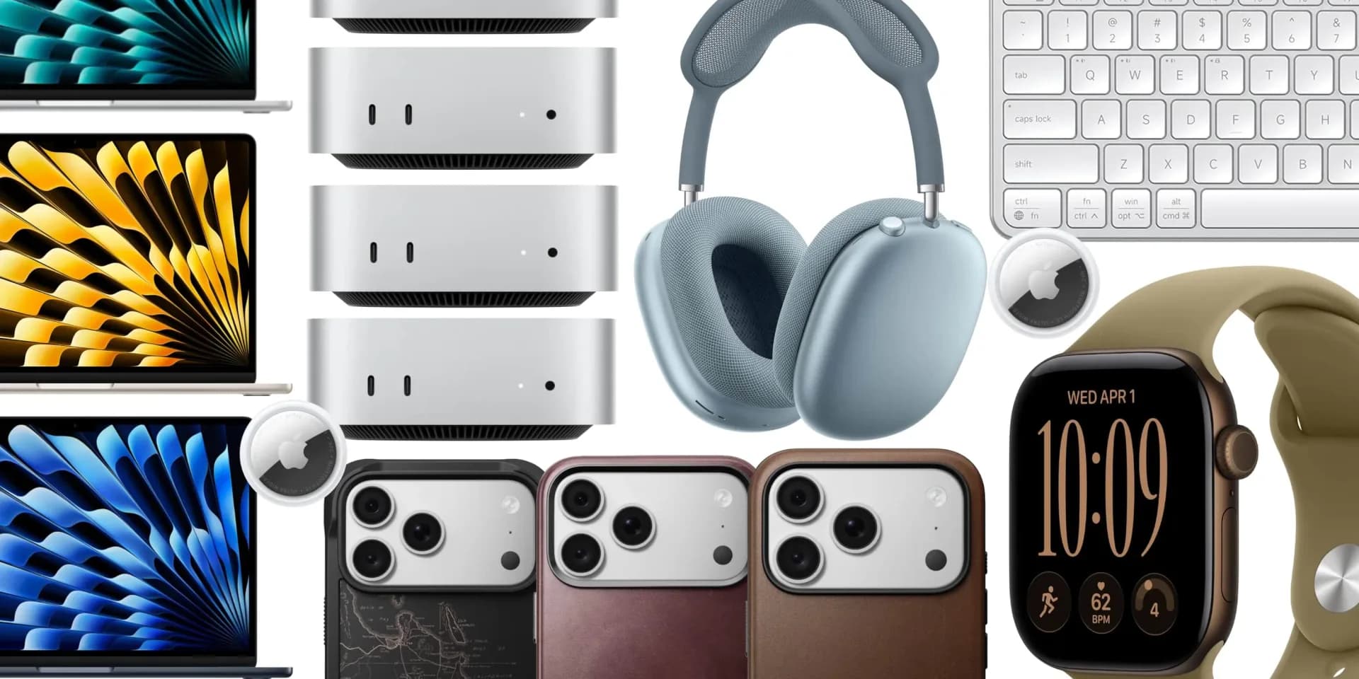 Apple MacBook Air, Mac Studio and Mac mini displayed together with AirPods and Apple Watch accessories