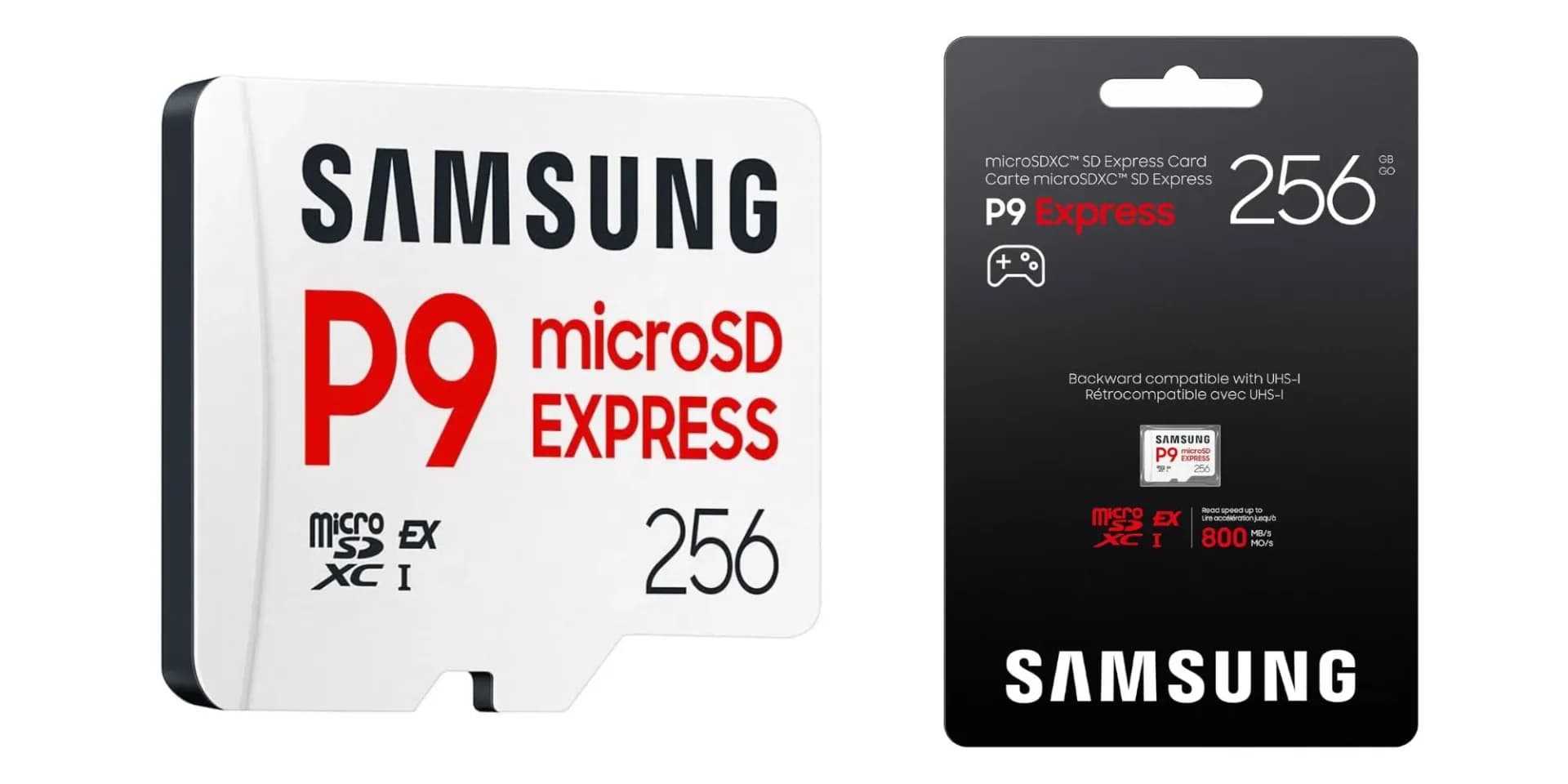 A Samsung P9 Express microSD card shown on a plain surface