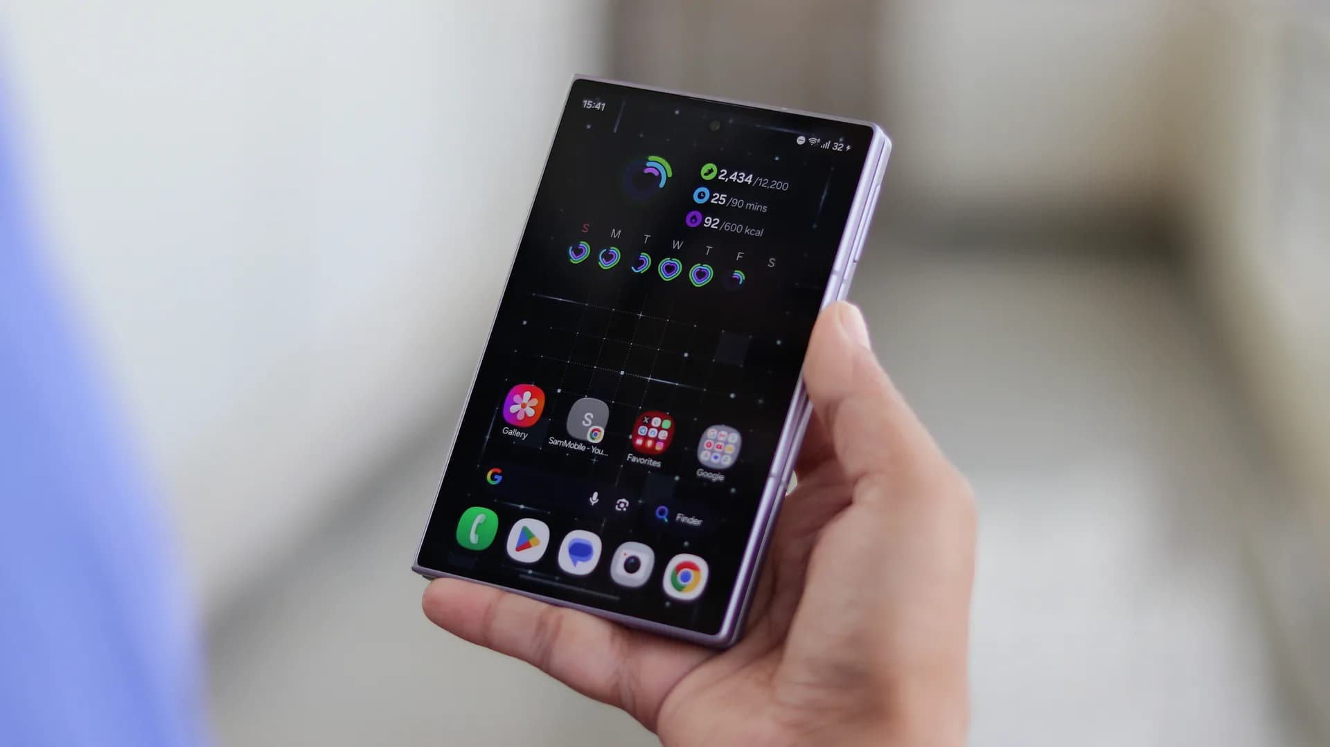 Samsung Galaxy Z Fold 8 shown in partially unfolded state displaying its cover and interior screens