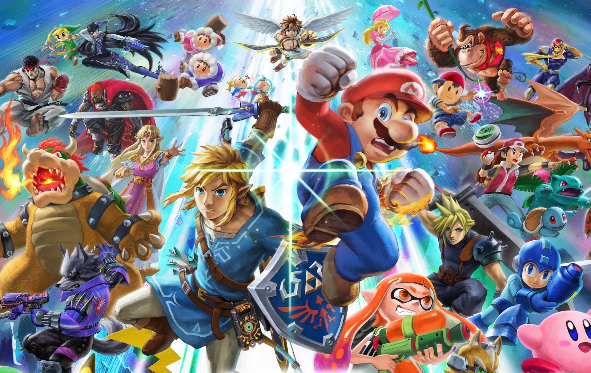 Digital artwork featuring classic Nintendo characters including Donkey Kong and Samus Aran.
