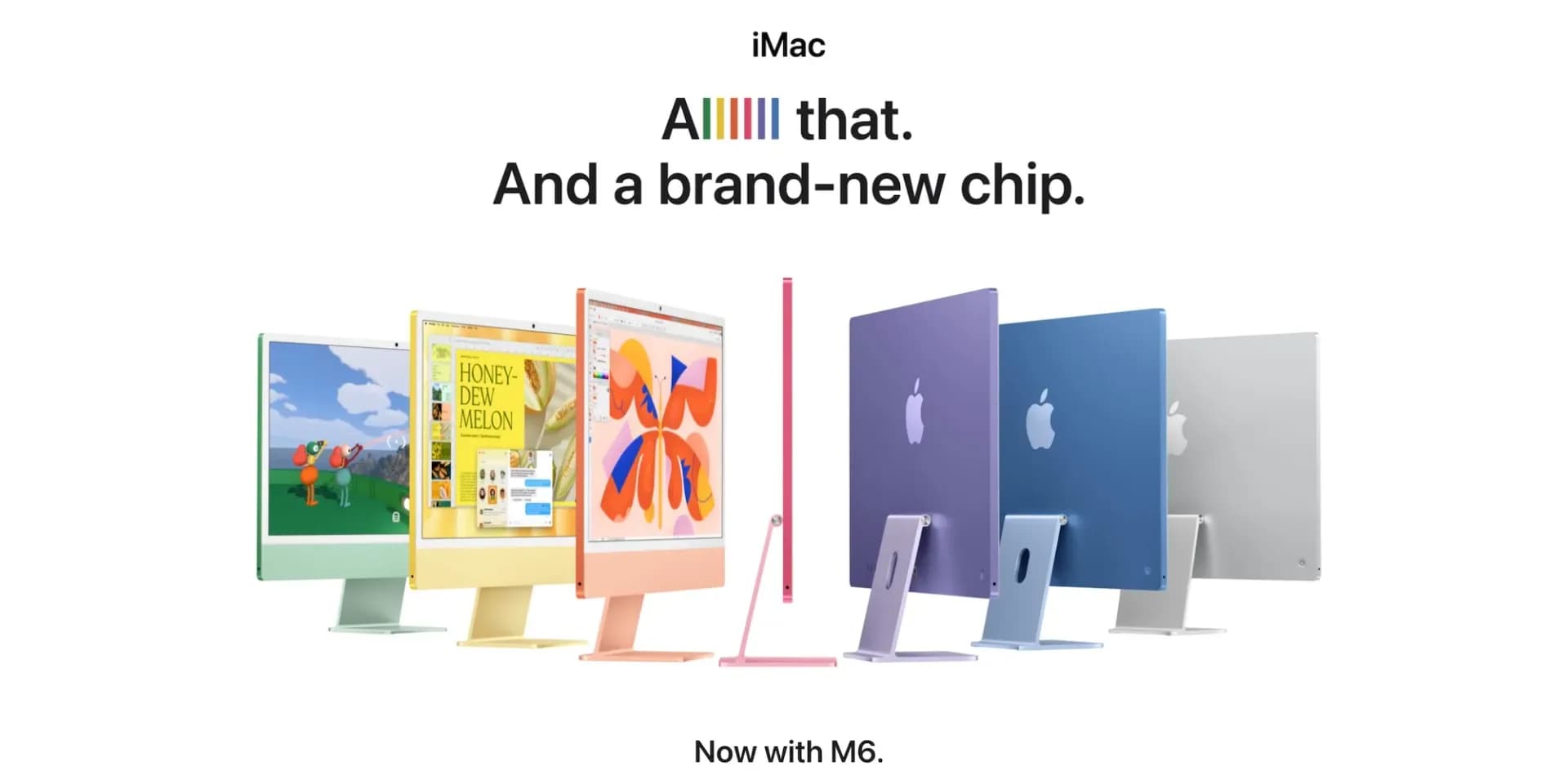 Apple M6 iMac in multiple colors on a desk