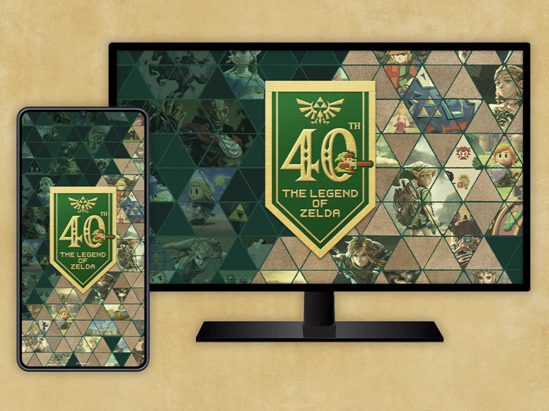 Illustration of the Legend of Zelda 40th Anniversary emblem on a green textured background