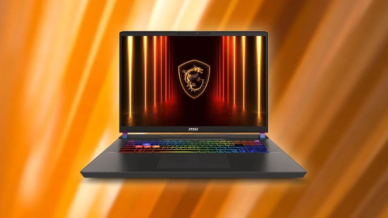 MSI Vector HX 16 gaming laptop open and displaying its screen on a plain background