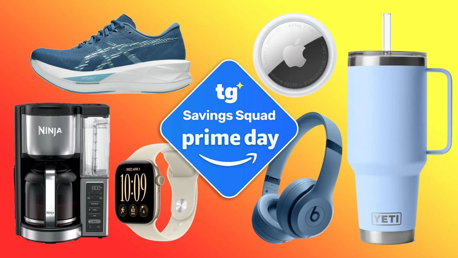 Amazon Prime Day deal banner graphic over product images including headphones, a soundbar and a Mac mini