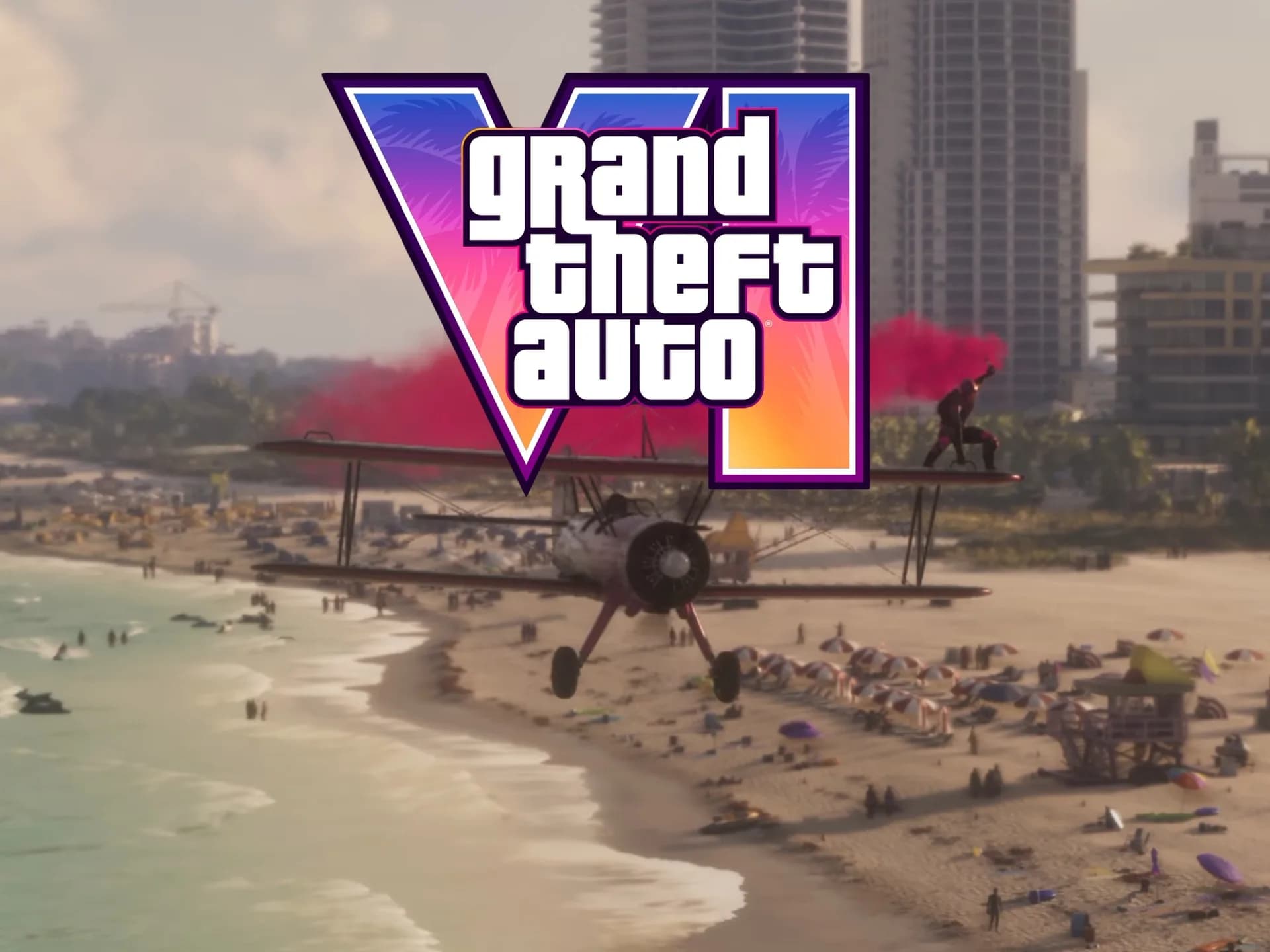 Promotional artwork for Grand Theft Auto 6 showing Vice City at sunset