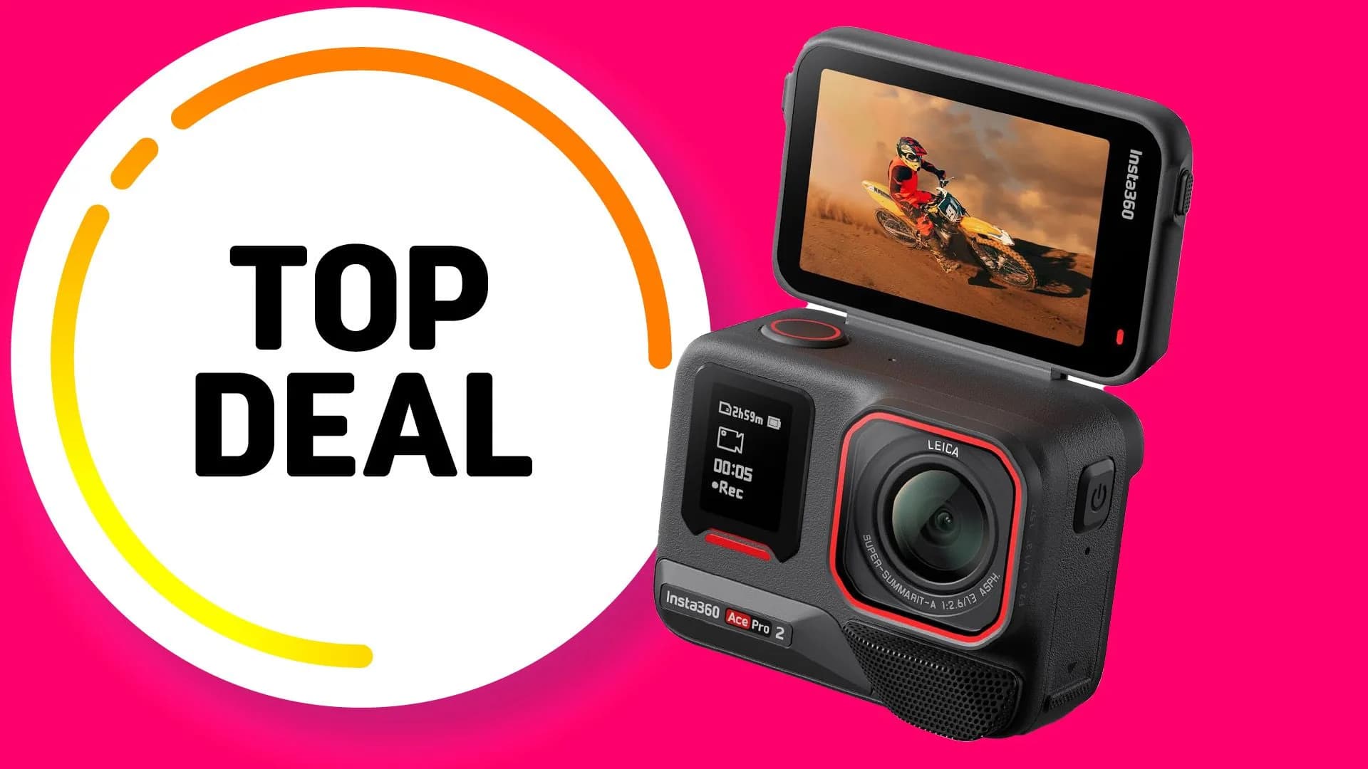 Insta360 Ace Pro 2 action camera placed on a rocky outdoor surface, showing its compact form factor and flip-up touchscreen.