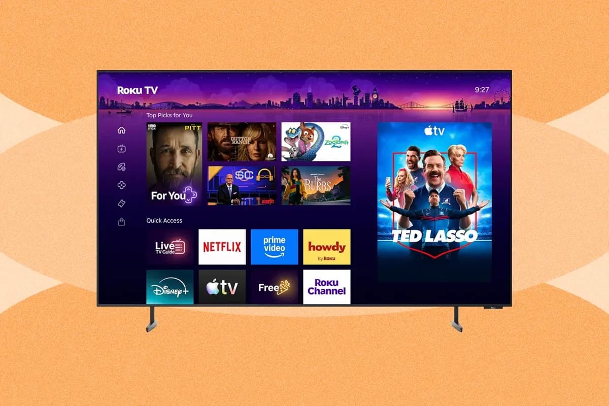 Roku Pro Series OLED television displaying a colorful scene on a stand in a living room