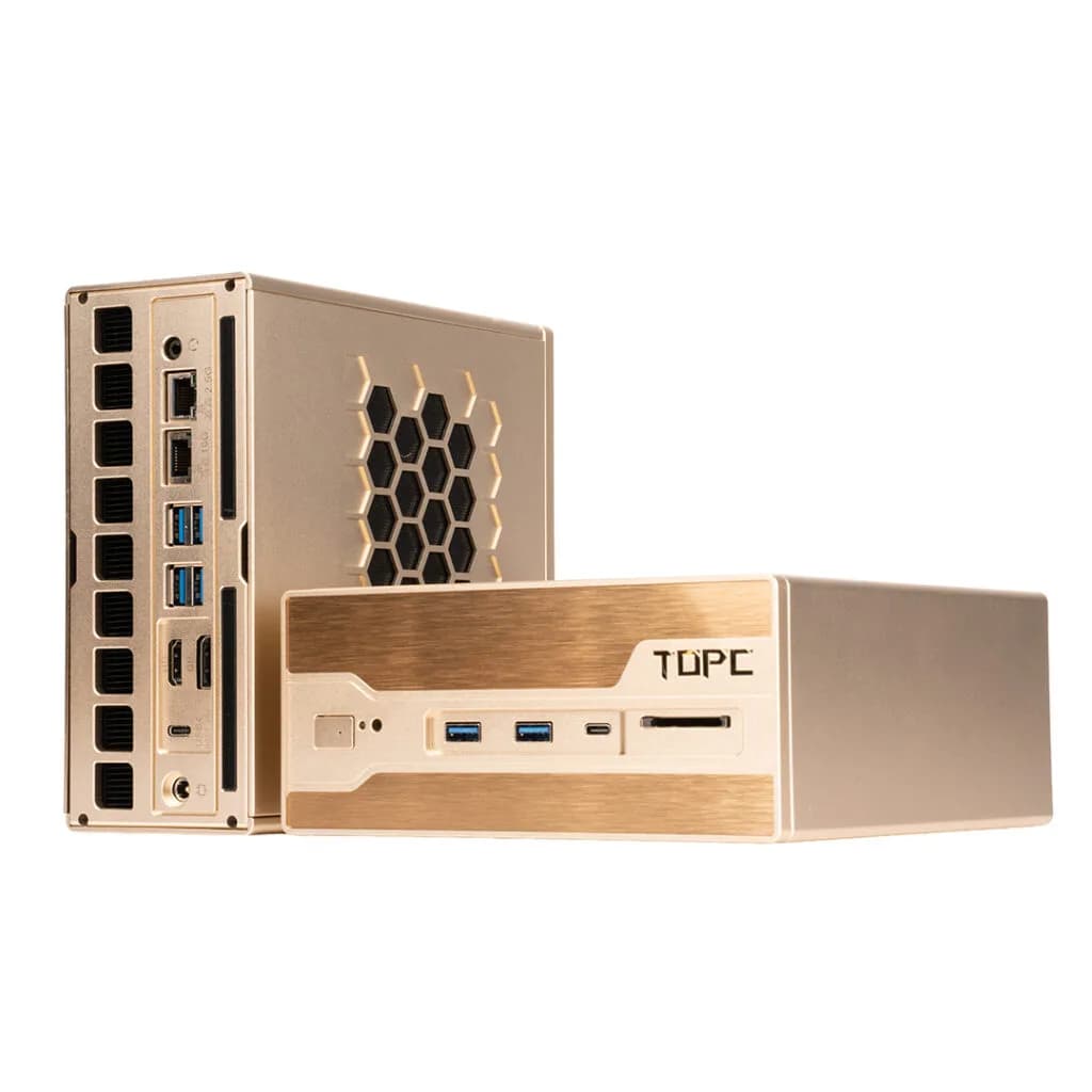 Angle view of a compact black metal mini PC workstation showing front and rear connectivity ports
