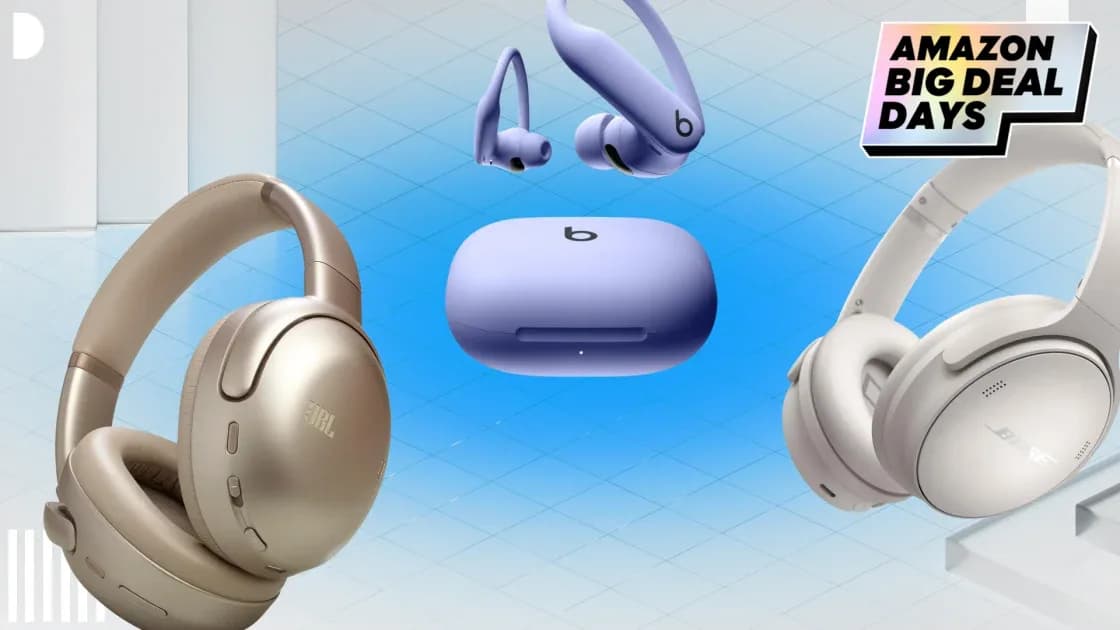 Three pairs of headphones — Beats PowerBeats Pro 2, Bose QuietComfort, and JBL Tour One M3 — arranged on a dark surface