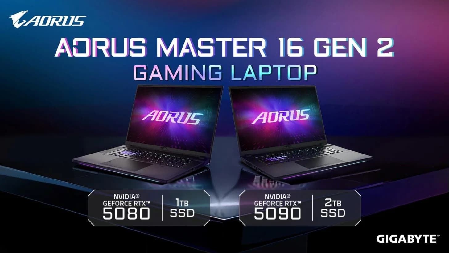 Gigabyte Aorus Master 16 Gen 2 gaming laptop showing open display and keyboard deck