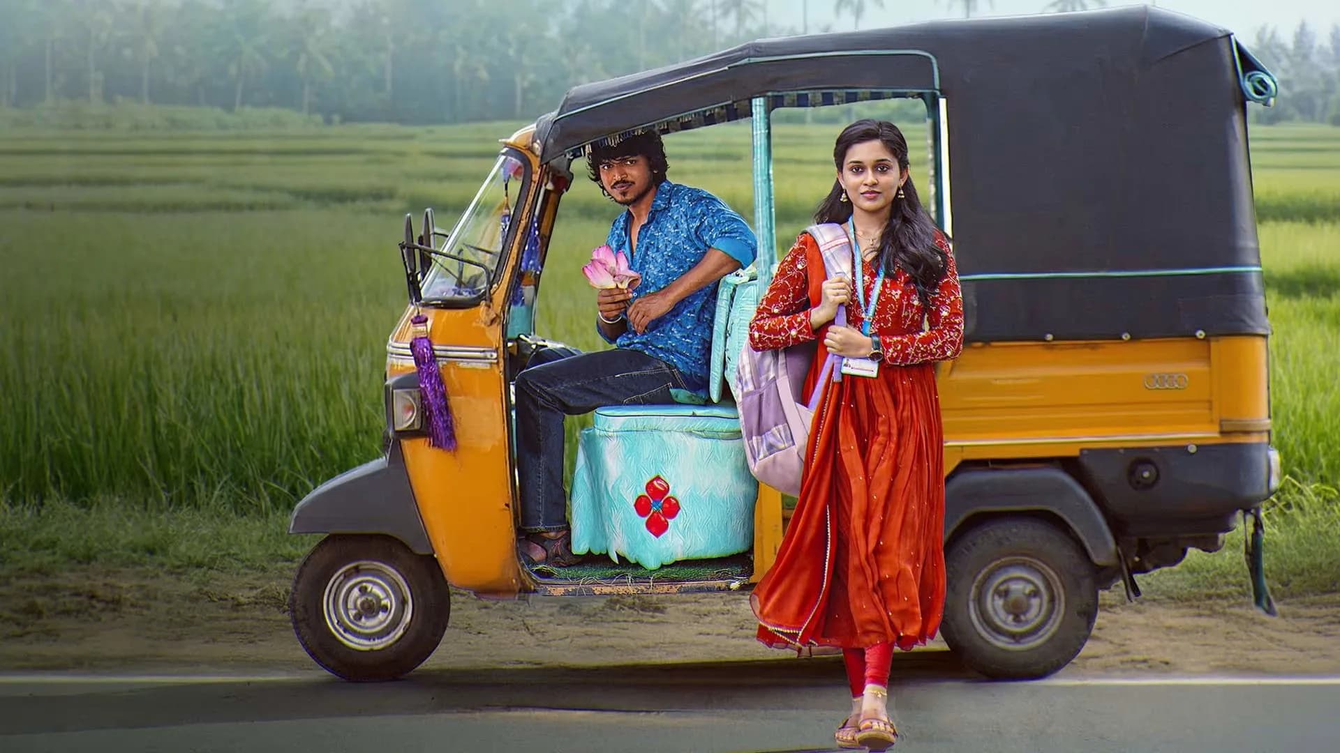 Promotional still from the film Kinare Kinare, the Hindi dub of Godari Gattupaina, showing the lead couple against a riverside backdrop