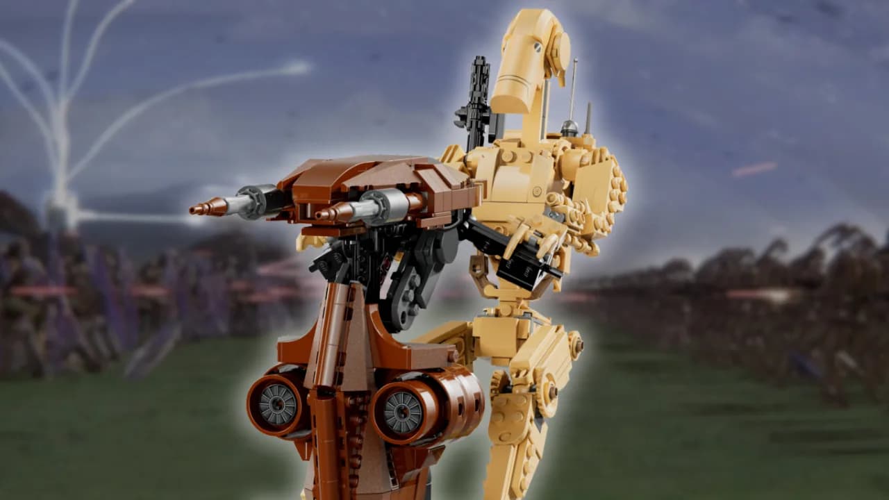 LEGO Star Wars Battle Droid with STAP vehicle display build on a shelf