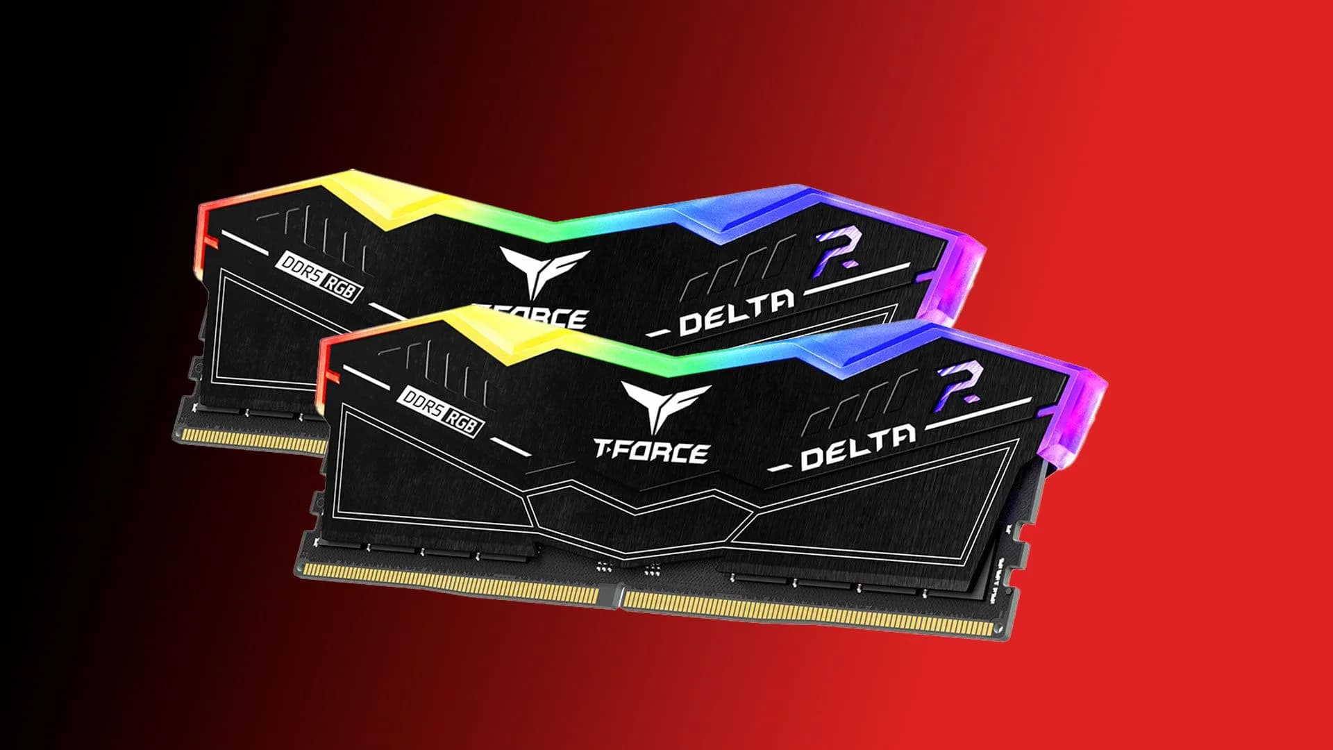 Three DDR5 memory kits on a black background: Team Group Delta RGB (black with blue LEDs), Team Group Vulcan Eco (silver), and Corsair Vengeance (black with red accents).