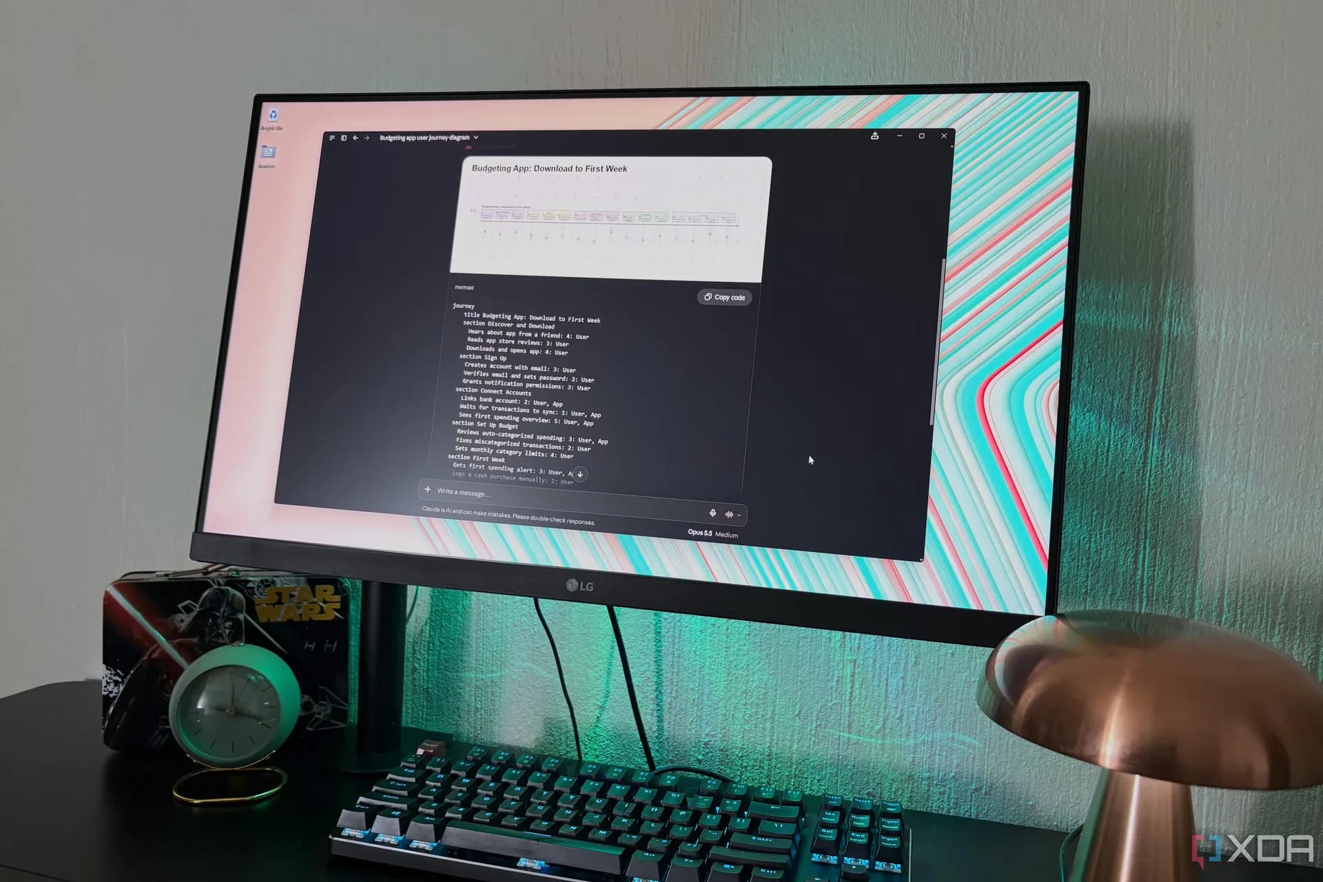 A split-screen computer interface showing Claude chat next to an interactive Mermaid flowchart diagram.