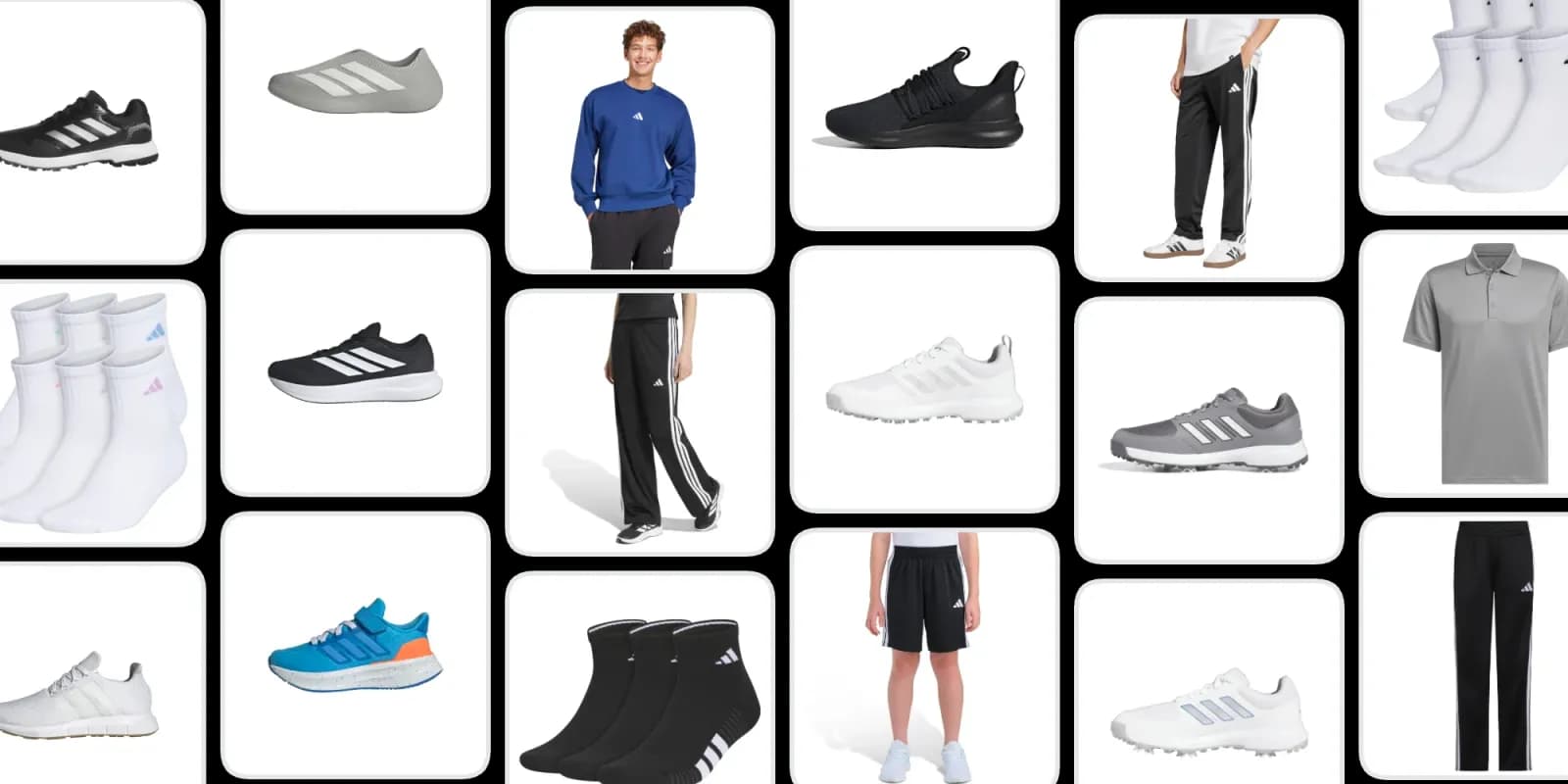 Adidas running shoes and apparel displayed together as part of an Amazon Prime Day discount promotion