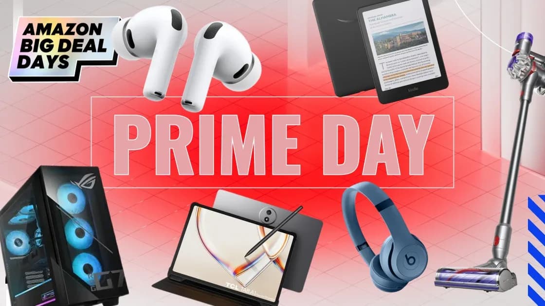 A selection of discounted laptops and monitors laid out on a clean white surface: HP OmniBook 3, Lenovo ThinkPad E16, Dell Pro Tower desktop, and AOC Agon Pro monitor.