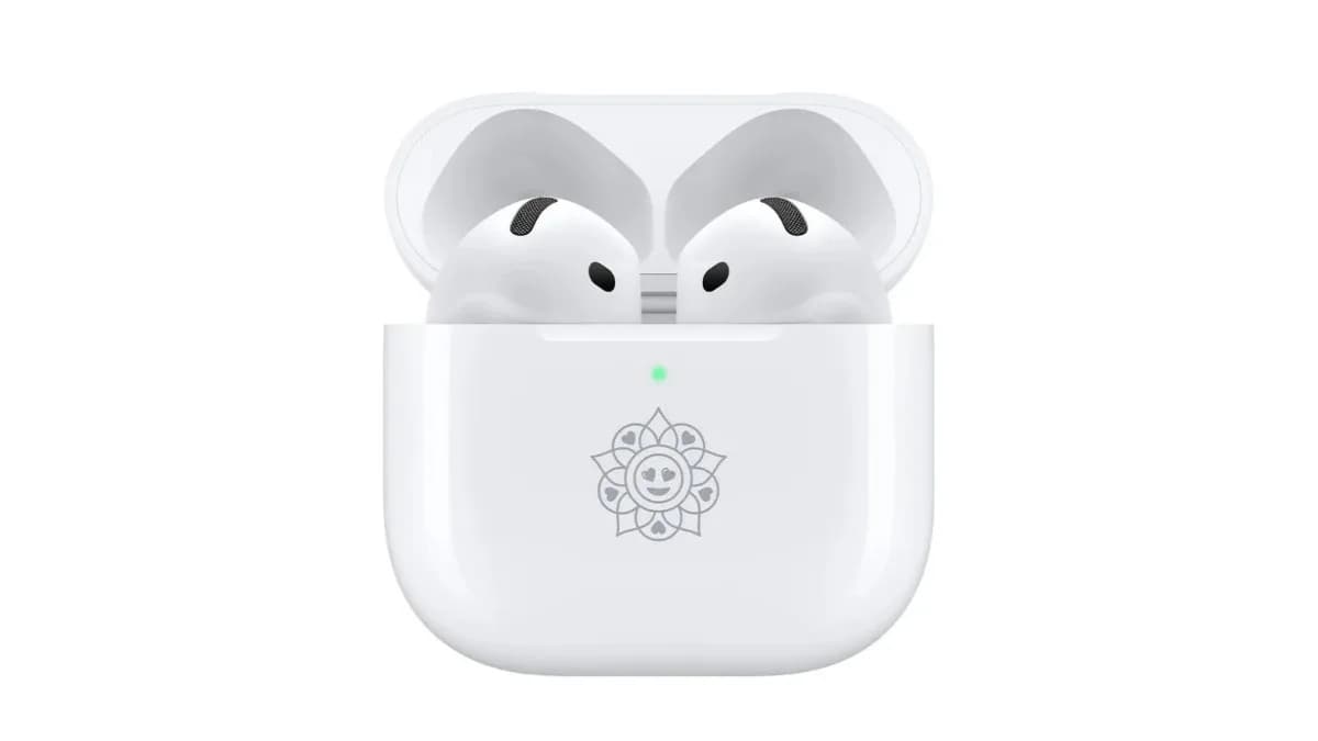 Apple AirPods 5 wireless charging case featuring a rangoli engraving pattern sitting upright on a white surface