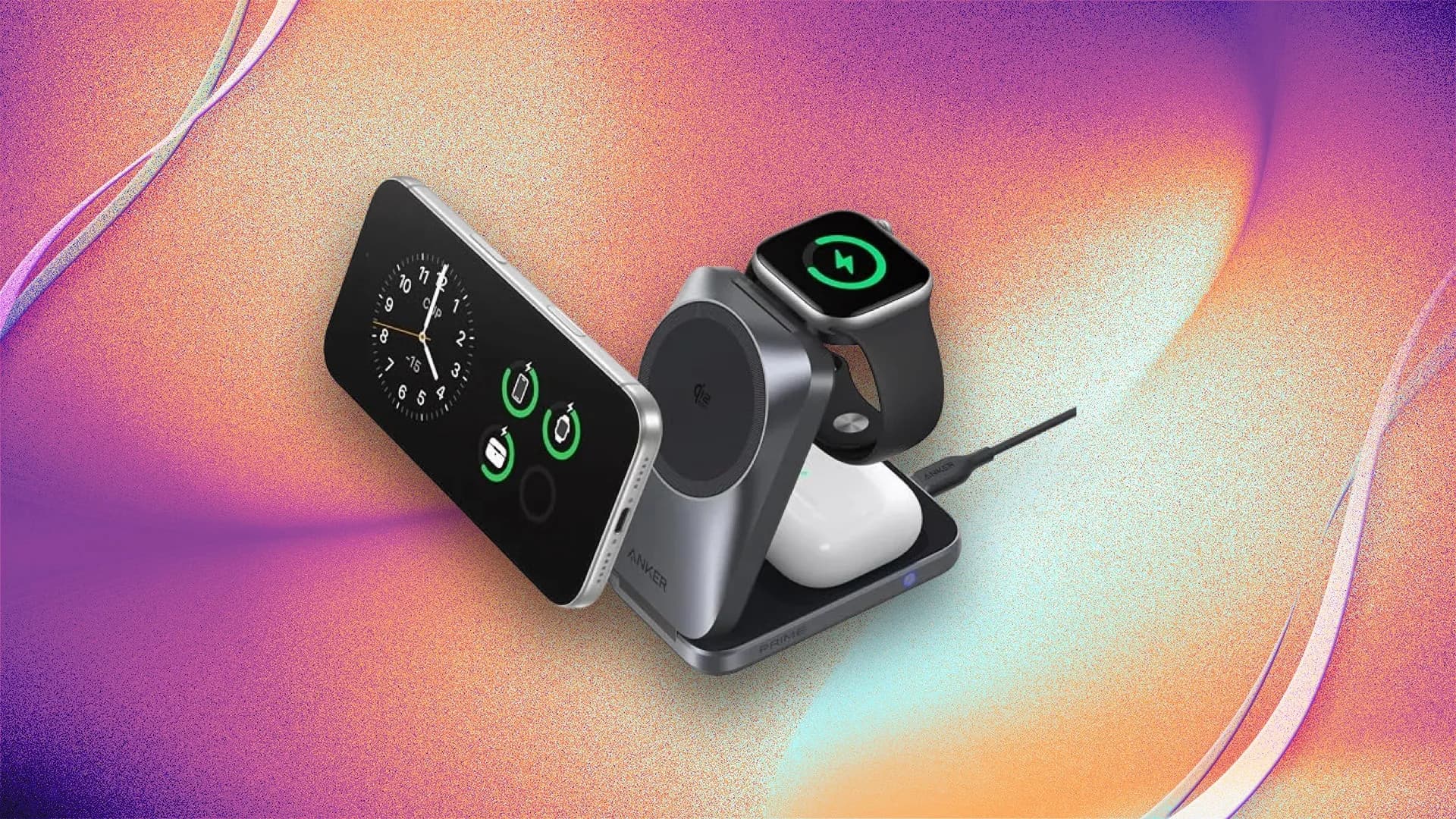 Anker Prime 25W Foldable MagSafe Charger in white, folded and unfolded, next to an iPhone 18 Pro and AirPods Pro (3rd gen)