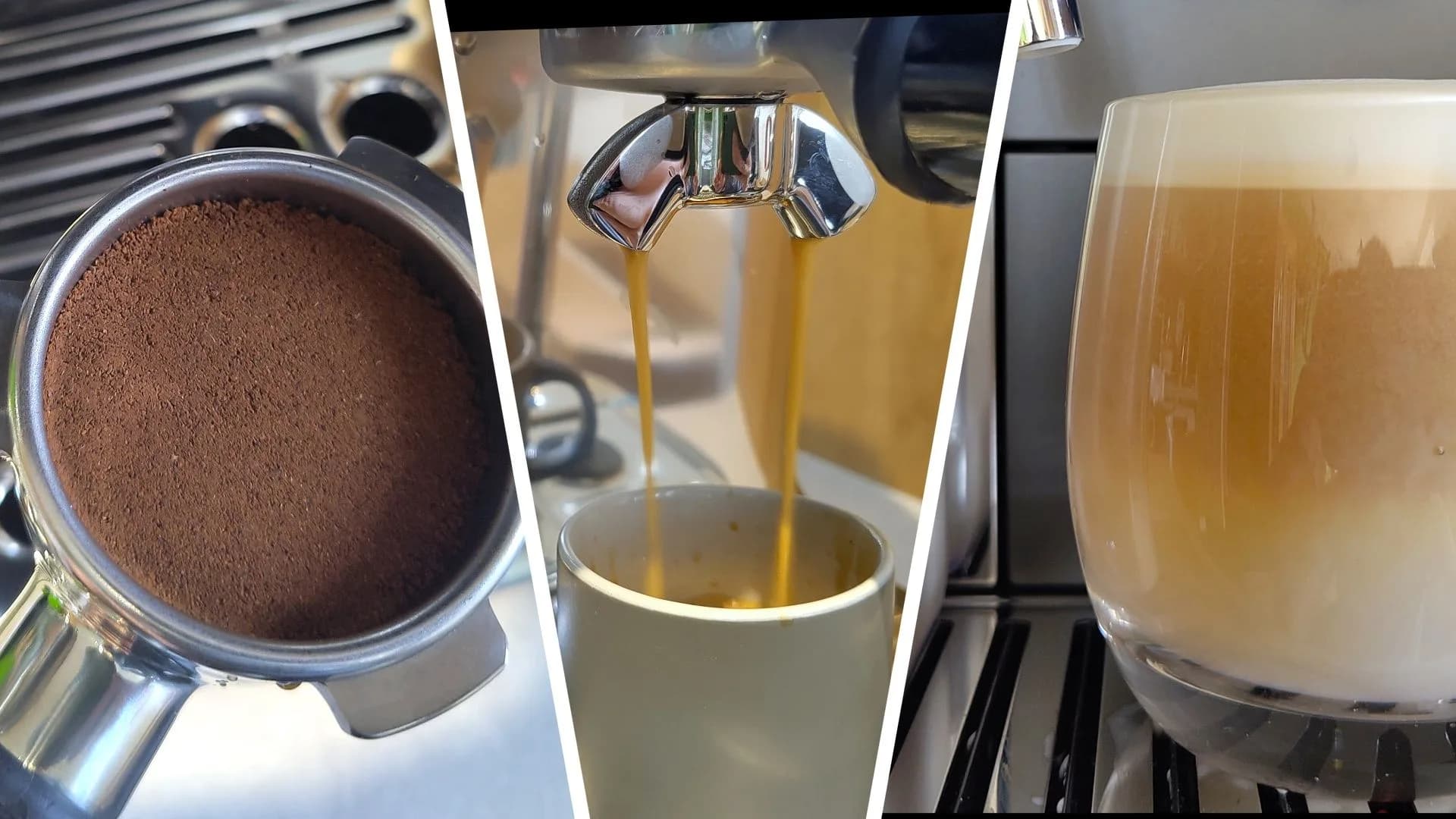 Espresso dripping into a ceramic cup from a polished metallic coffee machine portafilter.