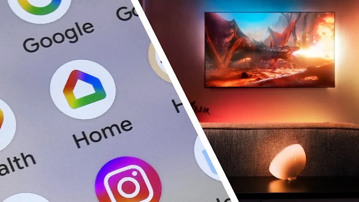 Philips Hue smart bulbs glowing in a living room controlled through the Google Home app on a smartphone.