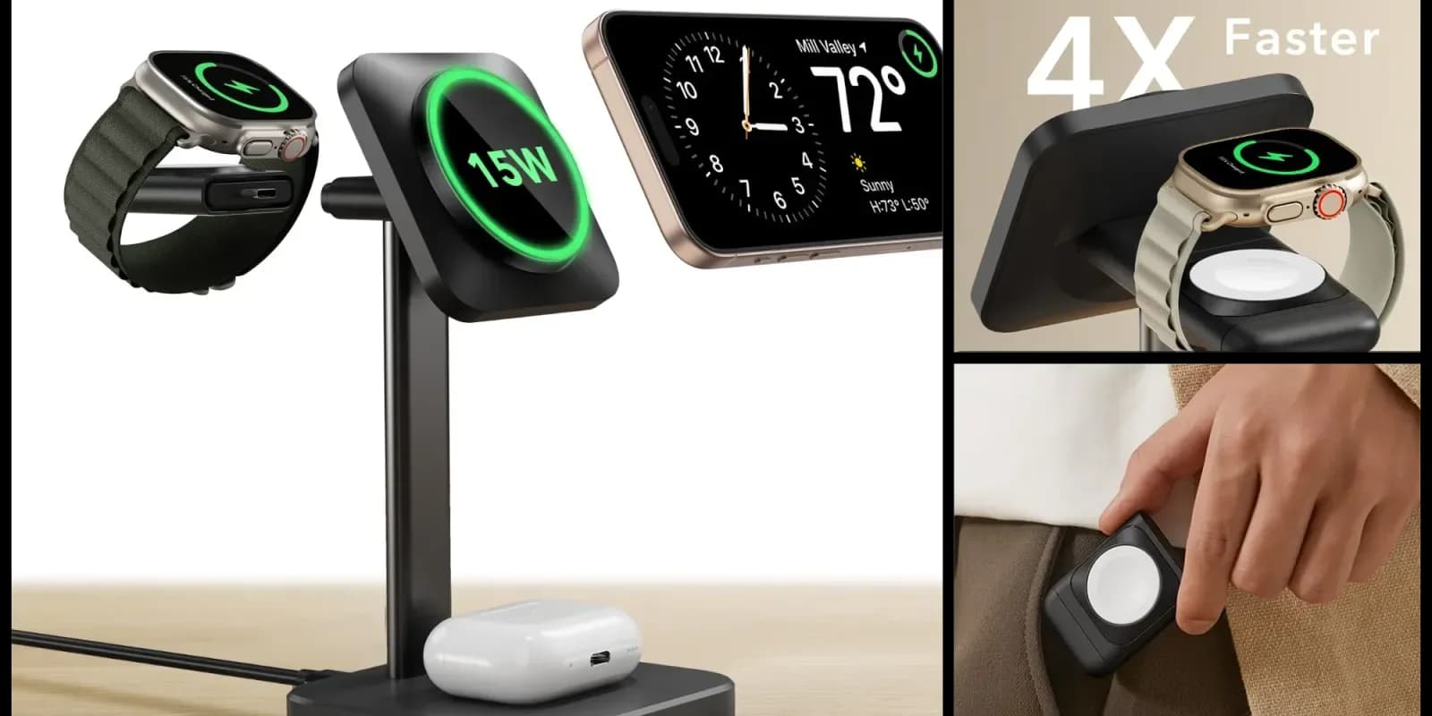 ESR 3-in-1 MagSafe charging stand with an iPhone on the main pad, AirPods case on a side pad, and a detachable Apple Watch charger puck.