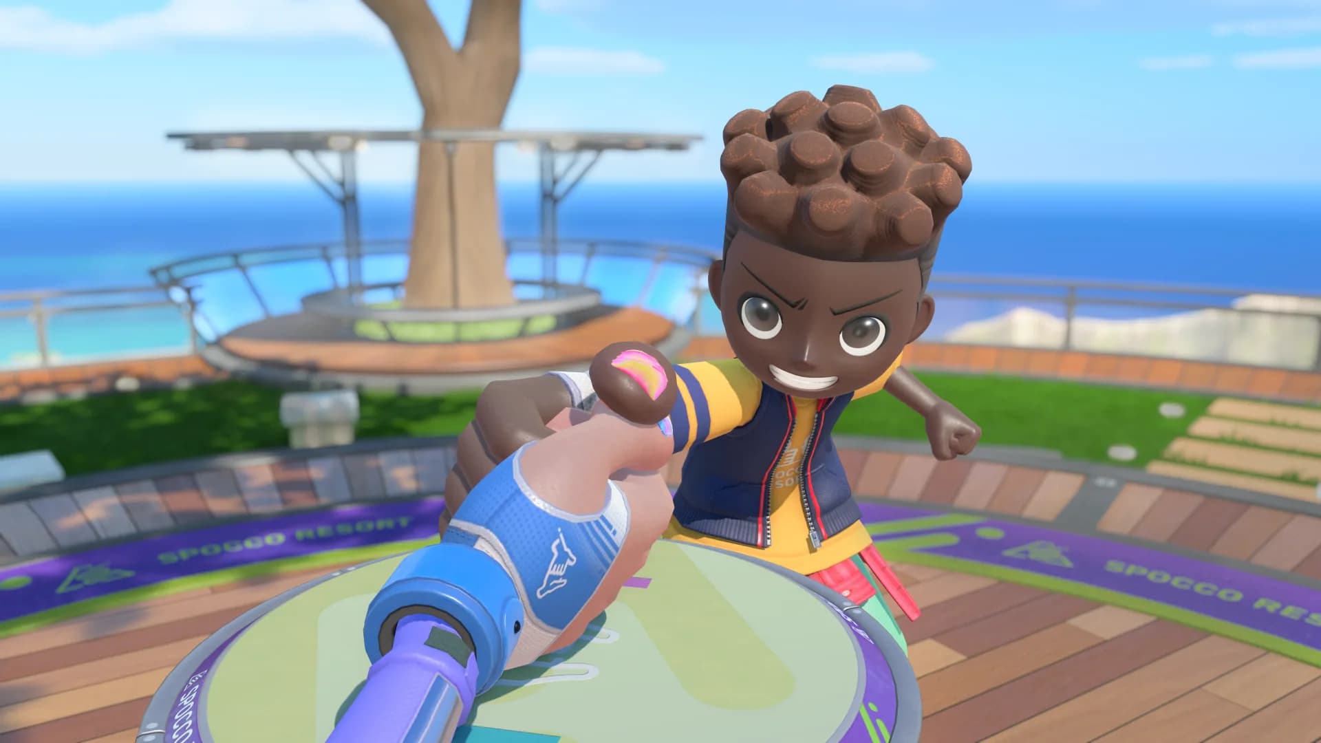 Nintendo Switch Sports Resort gameplay screenshot showing a player skateboarding across a tropical island path