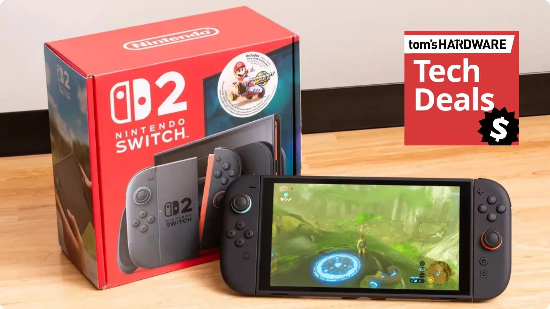 Nintendo Switch 2 console with its dock and Joy-Con 2 controllers attached on either side