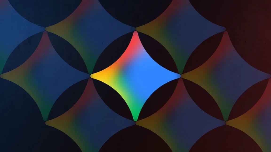 Google Gemini logo displayed on a screen alongside abstract AI visualization graphics