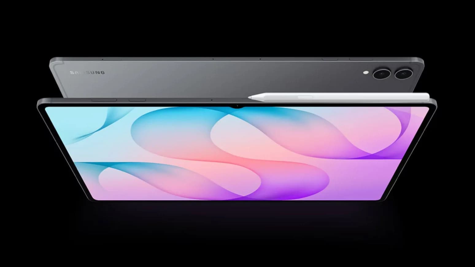 Samsung Galaxy Tab S12+ and Tab S12 Ultra side by side, front-facing, showing slim bezels and S Pen slot