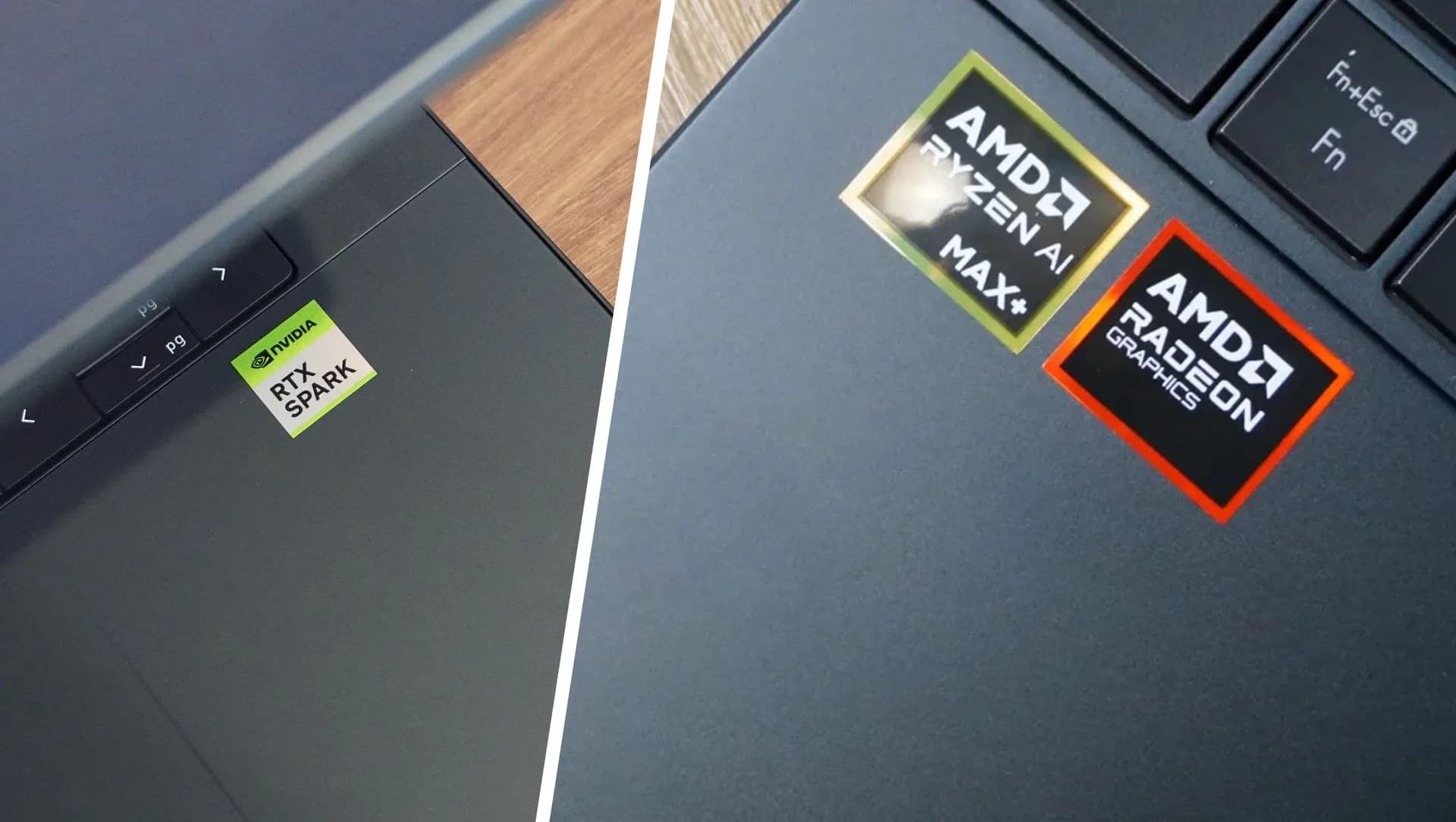 Side-by-side render of a sleek clamshell laptop labeled 'RTX Spark' and a slightly thicker, matte-finish device labeled 'Ryzen AI Max 400'