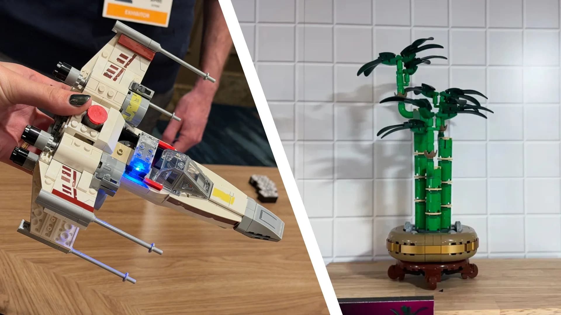 A collage of discounted Lego sets: Smart Play TIE Fighter, Botanicals daisies, Star Wars logo, and Technic Earth-Moon model.