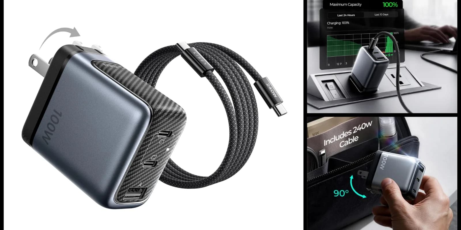Lisen 100W GaN three-port USB-C wall charger with foldable prongs resting next to a black USB-C cable.