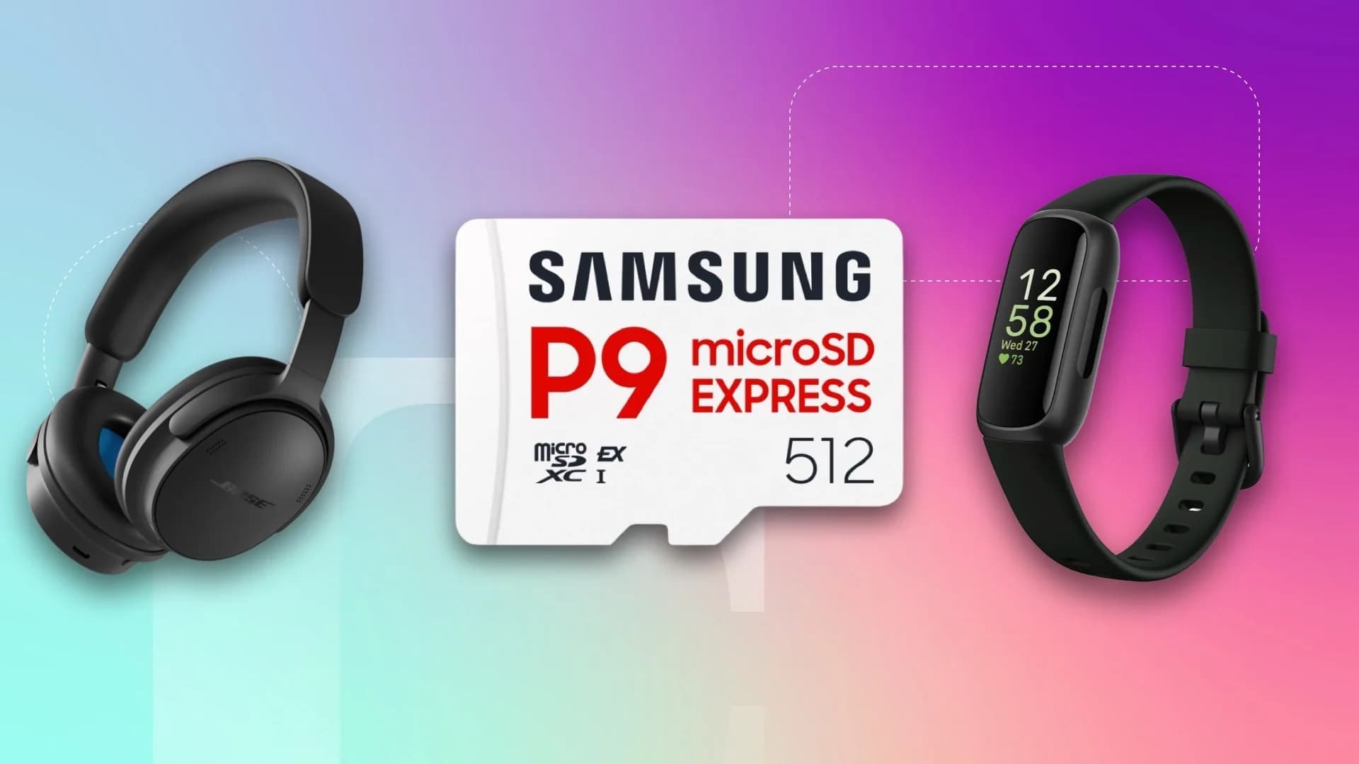 A Samsung 512GB P9 Express MicroSD Express card next to a Nintendo Switch 2 console