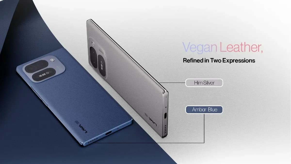 Lava Aura Curve 5G smartphone shown from the front with its curved AMOLED display and from the back showing the vegan leather finish and secondary mini display.