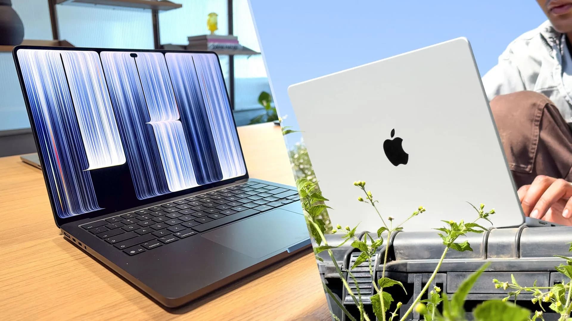 Apple MacBook Pro OLED and MacBook Pro M6 laptops shown side by side with lids open