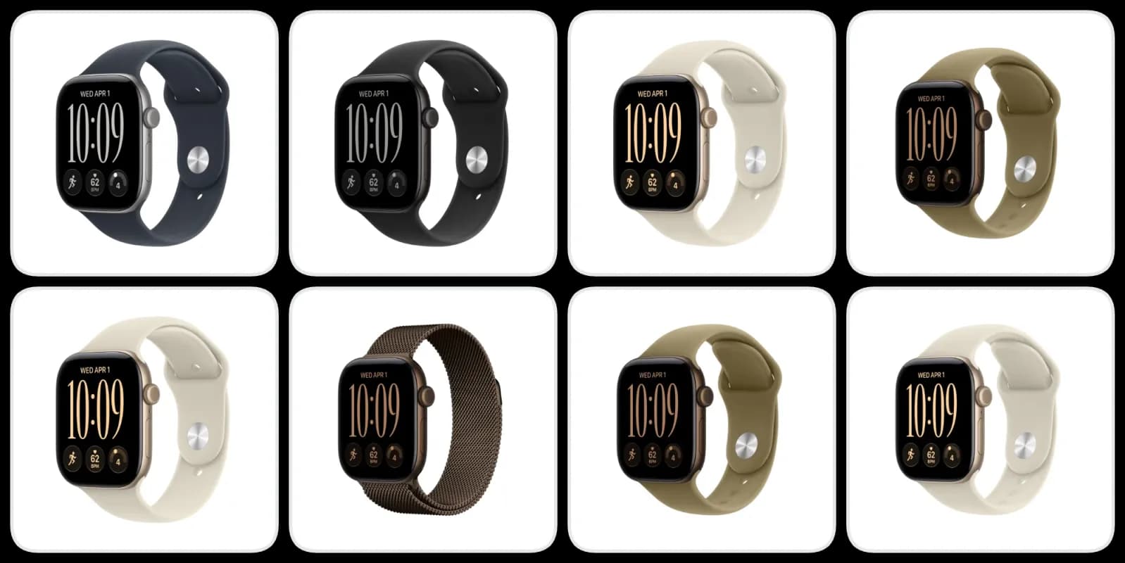 An Apple Watch Series 12 on a charging stand alongside a Dark Bronze band.
