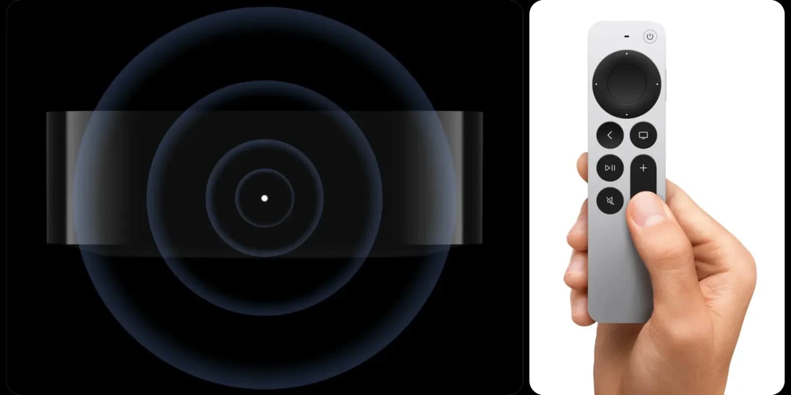 The new Apple TV 4K streaming box with its Siri Remote resting in front of a television displaying an Aerial screensaver.