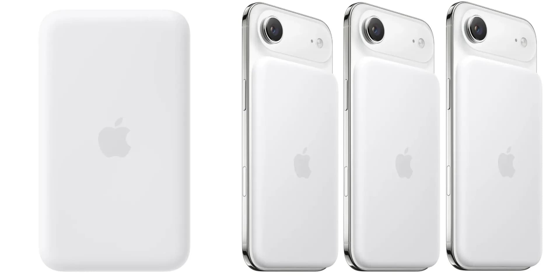 Apple MagSafe Battery for iPhone Air shown attached magnetically to an iPhone Air in a clean white studio setting.