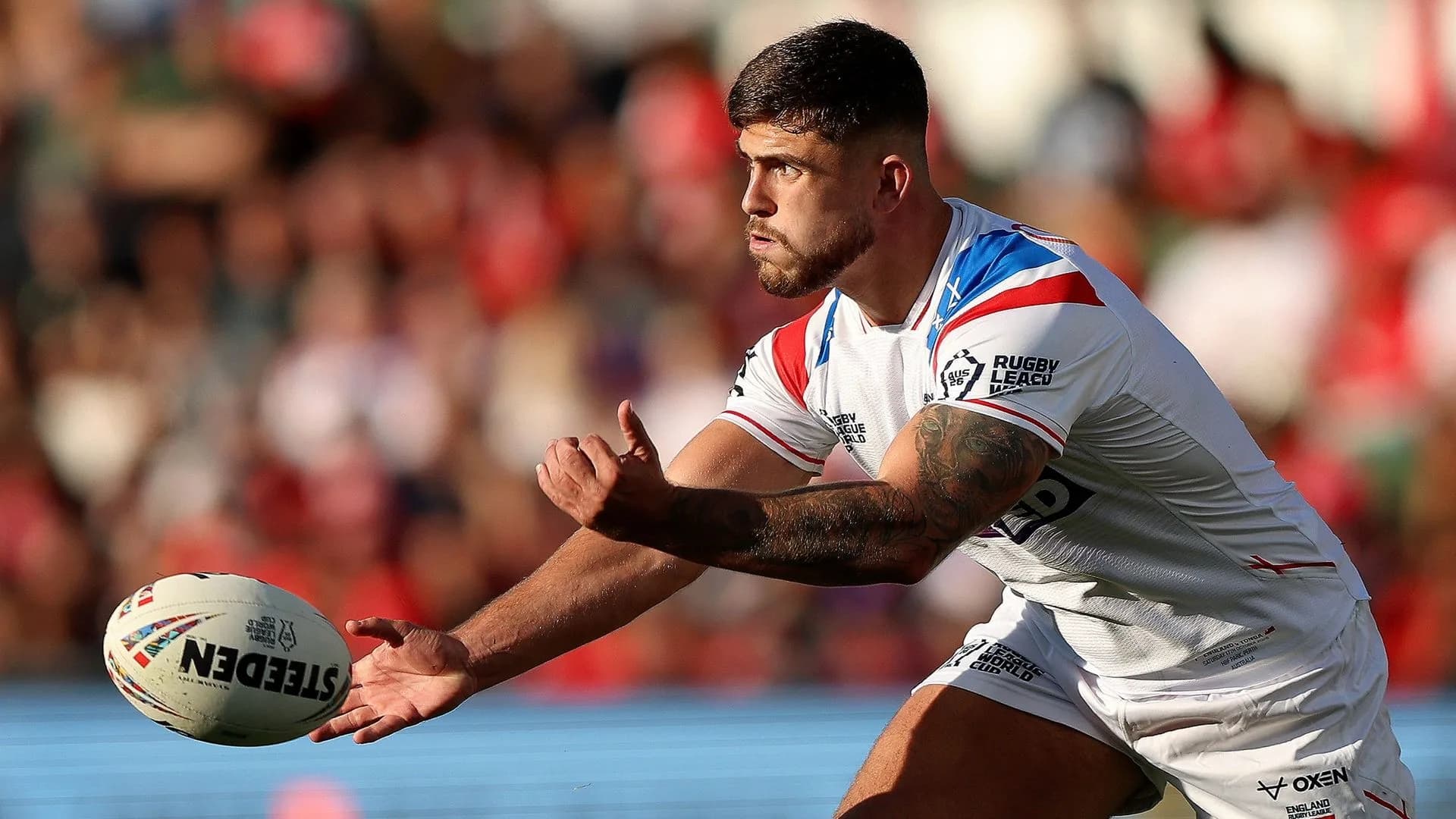 England and France rugby league players competing on the field during the Rugby League World Cup 2026