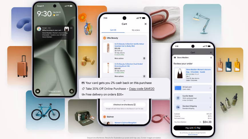 A simulated screen image showing Google's Universal Cart interface with shopping items from multiple retailers inside the Gemini app.